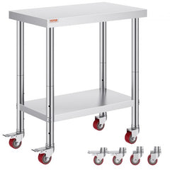 Stainless steel work table, 30x18x34 inches, with adjustable shelf and wheels.
