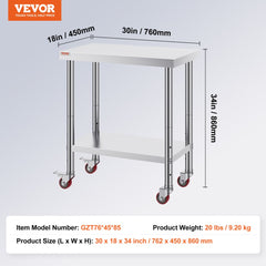 Stainless steel work table, 30x18x34 inches, with adjustable shelf and wheels.