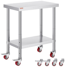 Stainless steel work table, 30x18x34 inches, with adjustable shelf and wheels.