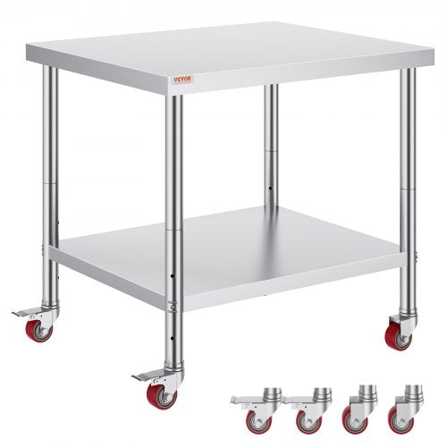 36-inch stainless steel work table with adjustable shelf and wheels for mobility.