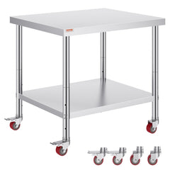 Stainless steel work table with adjustable shelf, wheels, and a sturdy design for various uses.