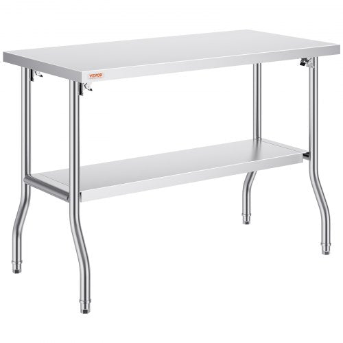 A 48x24 inch stainless steel folding prep table with under-shelf and 772 lbs capacity.