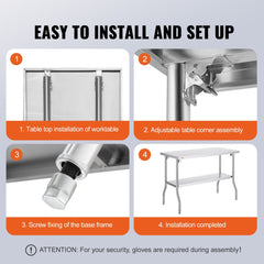 Step-by-step assembly diagram of a stainless steel folding prep table, showing table top installation, adjustable corner assembly, base frame screwing, and completed setup.
