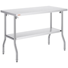 A 48x24 inch stainless steel folding prep table with under-shelf and 772 lbs capacity.