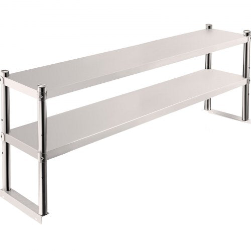 Stainless steel double tier overshelf with adjustable lower shelf for kitchen organization.