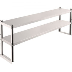 Stainless steel double tier overshelf with adjustable lower shelf for kitchen organization.