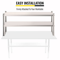 Stainless steel double tier overshelf with adjustable shelves for kitchen work table organization.