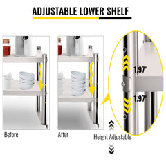 Stainless steel double tier overshelf with adjustable lower shelf for kitchen organization.