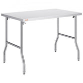 A 48x30 inch stainless steel folding prep table with adjustable legs and 220 lbs capacity.