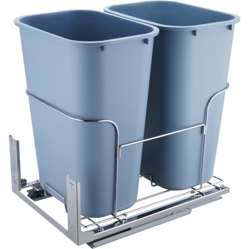 Pull-out under-cabinet trash can with two 35L blue bins on chrome frame.