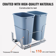 Pull-out double trash can with two 35L blue PP bins in a steel frame under cabinet.