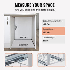 Diagram showing measurements for installing a double pull-out trash can under a cabinet with 21.9-inch width, 23.3-inch depth, and 30-inch height.