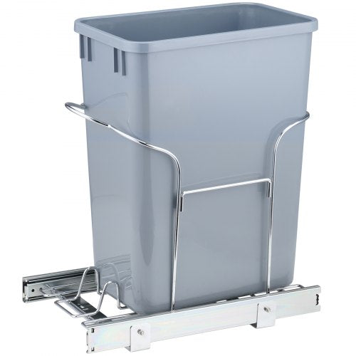 Gray 29L pull-out trash bin with chrome metal frame and slide rails for under-cabinet installation.