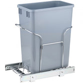 Gray 29L pull-out trash bin with chrome metal frame and slide rails for under-cabinet installation.