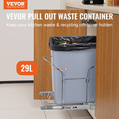 Bostome 29L pull-out trash can with gray bin mounted on metal frame under wooden cabinet.