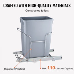 Gray 29L pull-out trash bin with metal frame and slides for under-cabinet installation.