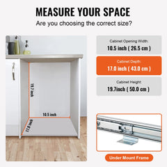 Diagram showing measurements for installing a 29L pull-out trash can under a cabinet, with 10.5-inch width, 17-inch depth, and 19.7-inch height.