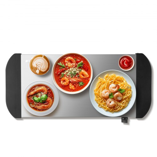 Stainless steel warming tray with a 21.54 x 10.35-inch surface and precise temperature control.