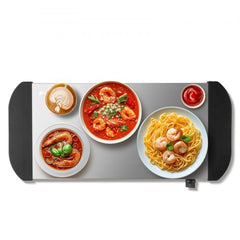Stainless steel warming tray with a 21.54 x 10.35-inch surface and precise temperature control.