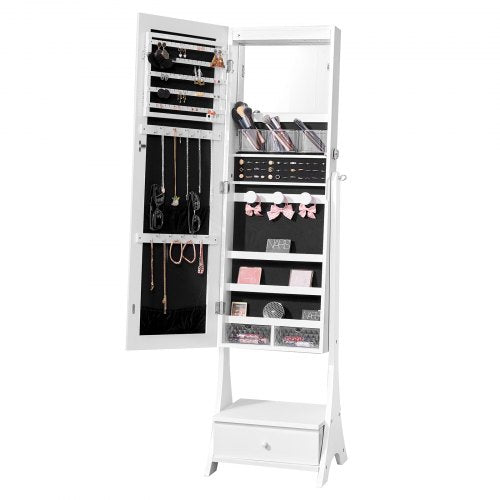White full-length standing mirror jewelry cabinet with open door revealing storage for earrings, necklaces, and drawers.