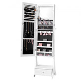White full-length standing mirror jewelry cabinet with open door revealing storage for earrings, necklaces, and drawers.