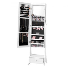White full-length standing mirror jewelry cabinet with open door revealing storage for earrings, necklaces, and drawers.