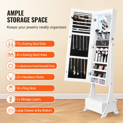 White full-length standing mirror jewelry cabinet with open door revealing earring slots, necklace hooks, bracelet rods, ring holders, and bottom drawer.
