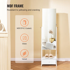 White full-length standing mirror with jewelry cabinet, velvet-lined storage, and drawer.