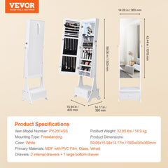 White full-length standing mirror jewelry cabinet with interior storage drawers and velvet-lined organizers.