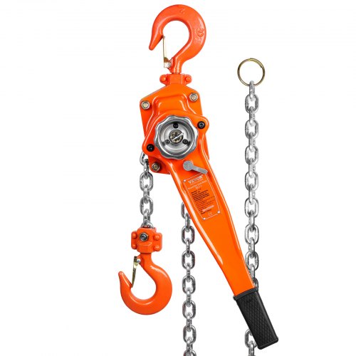 Orange 1.5-ton manual lever chain hoist with 20 ft G80 chain and hooks.