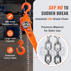 Orange 1.5-ton manual lever chain hoist with 20 ft galvanized G80 chain and hook.