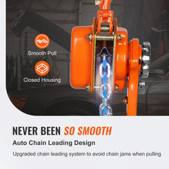 Orange 1.5-ton manual lever chain hoist with 20 ft G80 chain and auto chain leading design.