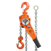 Orange manual lever chain hoist with hook, chain, and 10 ft lift capacity.