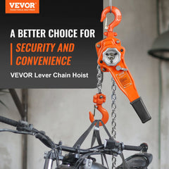 Orange Bostome 3/4 ton manual lever chain hoist with 10 ft lift chain, hanging in a garage.