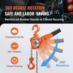 Orange manual lever chain hoist with 360-degree rotation, reinforced rubber handle, and closed housing.