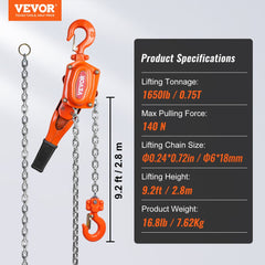 Orange manual lever chain hoist with 1650 lbs capacity, 10 ft lift height, and specifications panel.