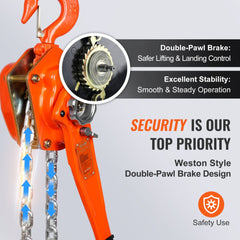 Orange 3-ton manual lever chain hoist with 20 ft G80 chain and double-pawl brake.