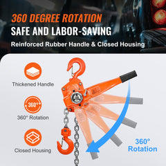 Orange 3-ton manual lever chain hoist with 20 ft G80 chain, 360-degree rotation, thickened rubber handle, and closed housing.
