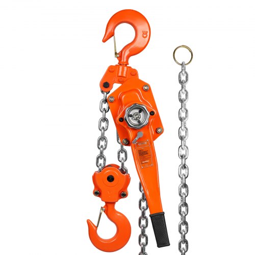Orange 6-ton manual lever chain hoist with 20 ft G80 chain and hooks.