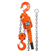 Orange 6-ton manual lever chain hoist with 20 ft G80 chain and hooks.