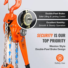 Orange 6-ton manual lever chain hoist with 20 ft G80 chain and double-pawl brake.