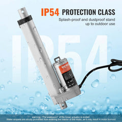 A 12V linear actuator with 6-inch stroke, 220lbs force, and 0.55"/s speed, featuring IP54 protection.