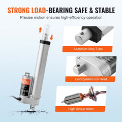 A 12V linear actuator with 6-inch stroke, 220lbs force, and 0.55"/s speed, including mounting bracket.