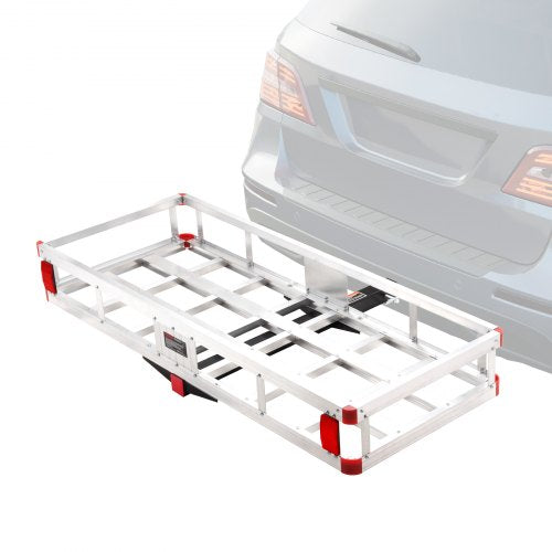Aluminum hitch cargo carrier with a 500lbs capacity and raised guardrails for safety.