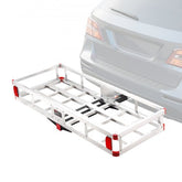 Aluminum hitch cargo carrier with a 500lbs capacity and raised guardrails for safety.