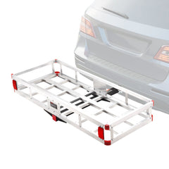Aluminum hitch cargo carrier with raised guardrails, designed for 2-inch receivers.