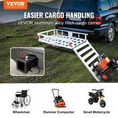 50-inch aluminum hitch cargo carrier with a folding ramp and 500lbs weight capacity.