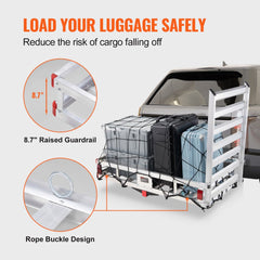Bostome 50" aluminum hitch cargo carrier with folding ramp and reflectors for enhanced visibility.