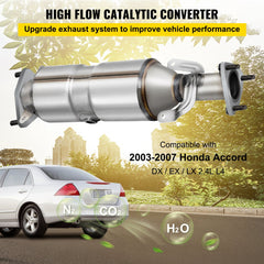 Silver direct fit catalytic converter for 2003-2007 Honda Accord 2.4L, shown installed on a car with exhaust emissions.