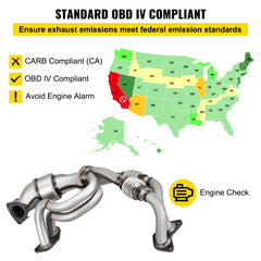 High-flow catalytic converter for Subaru 2.5L models with OBD IV compliance map and engine check icon.